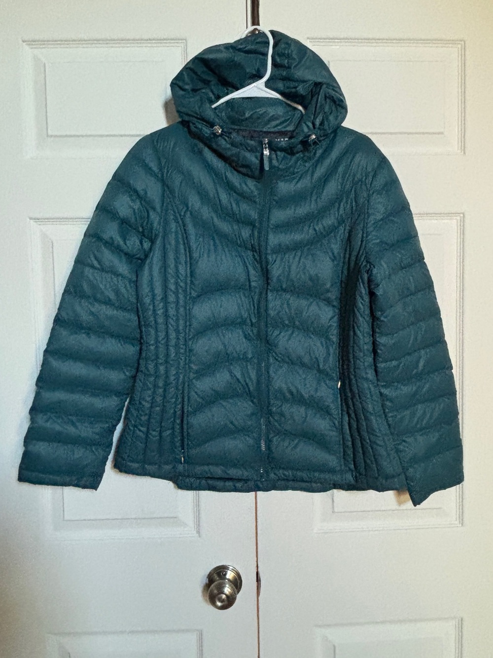 Andrew Marc Women’s L Teal Packable Lightweight Down Puffer Hooded Jacket